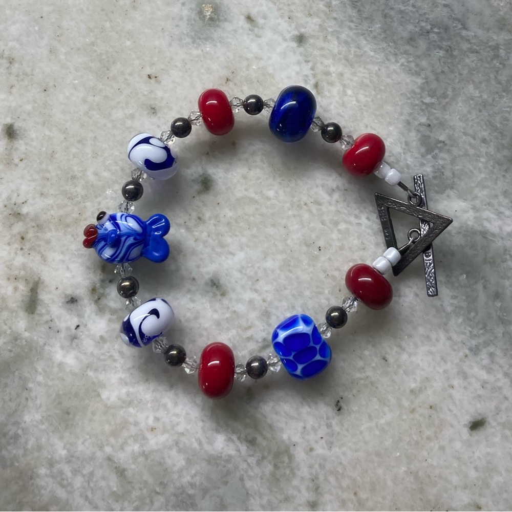Handmade Artisan Red/White/Blue Glass Beaded Bracelet